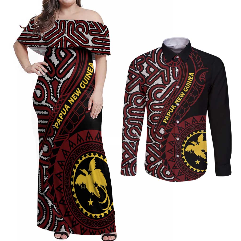 Papua New Guinea Oro Tapa Motif Couples Matching Off Shoulder Maxi Dress and Long Sleeve Button Shirt Special LT7 Black - Polynesian Pride