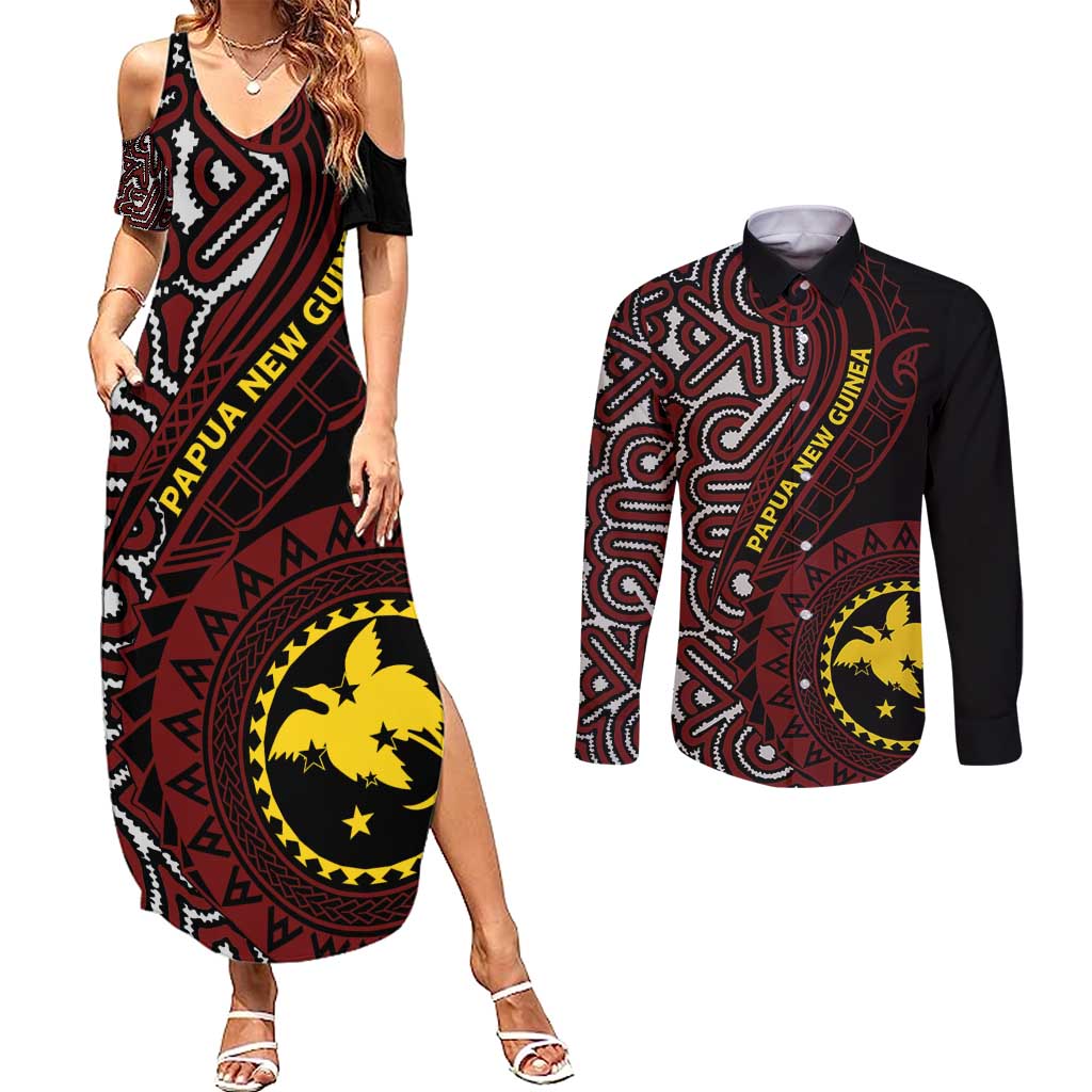 Papua New Guinea Oro Tapa Motif Couples Matching Summer Maxi Dress and Long Sleeve Button Shirt Special LT7 Black - Polynesian Pride