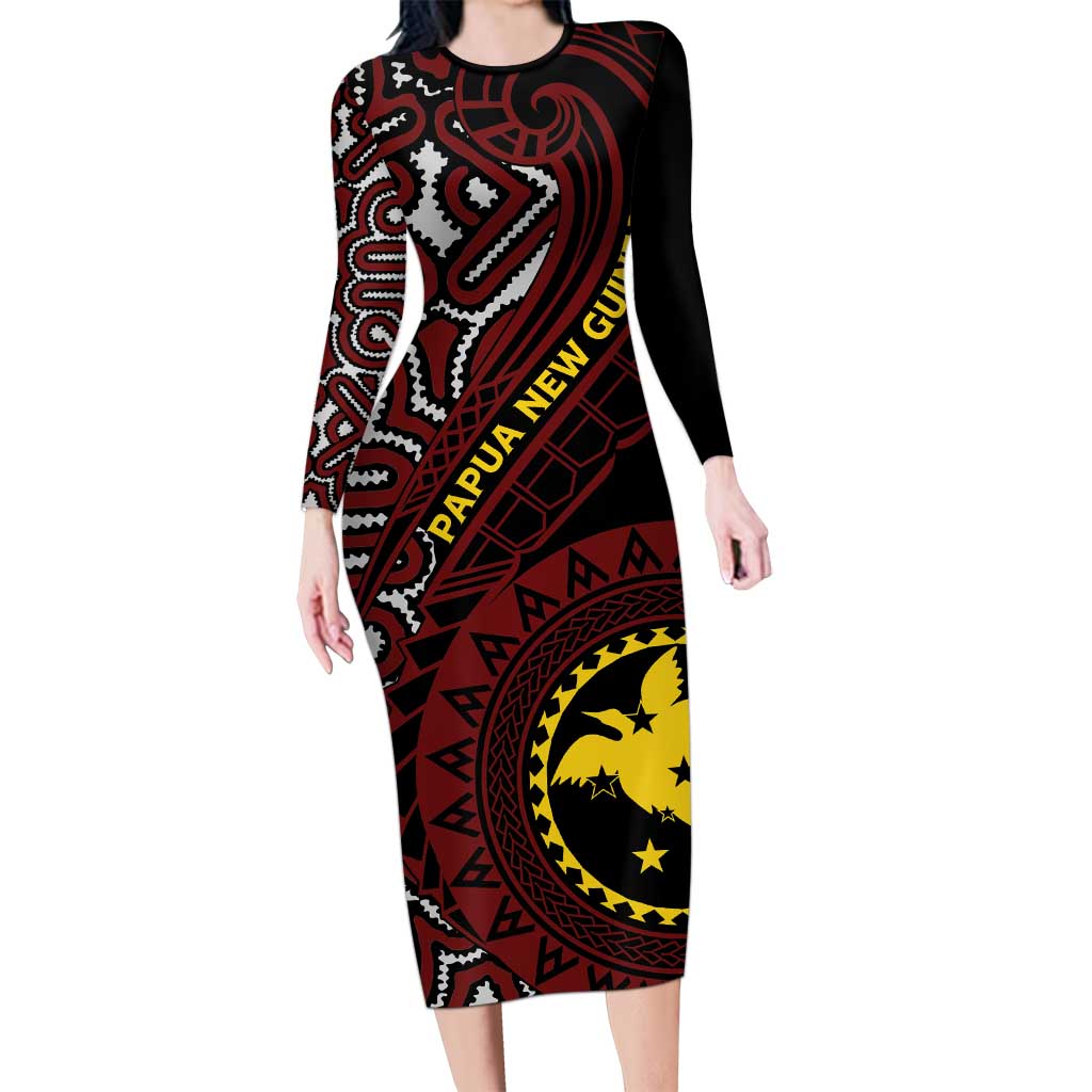 Papua New Guinea Oro Tapa Motif Long Sleeve Bodycon Dress Special LT7 Long Dress Black - Polynesian Pride