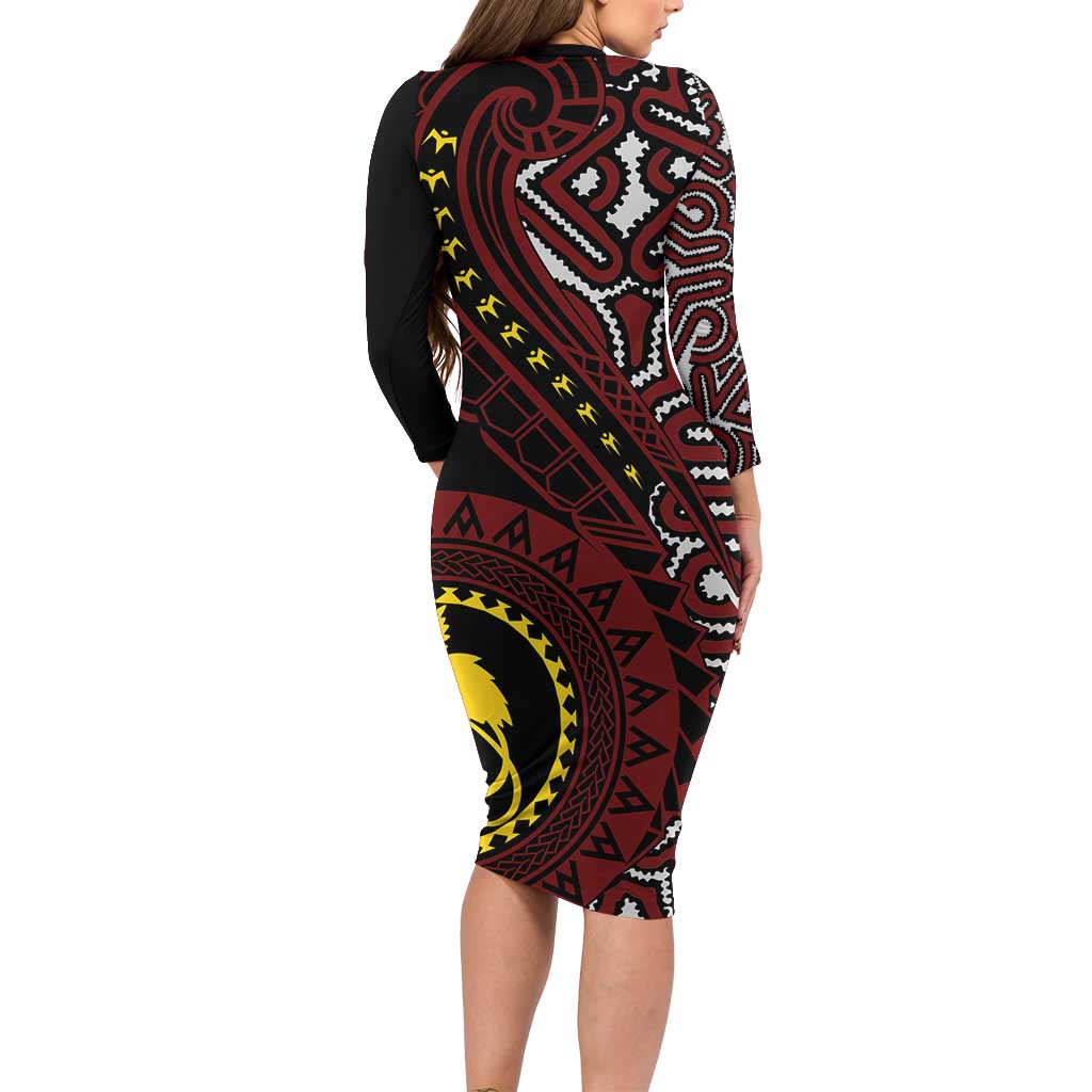 Papua New Guinea Oro Tapa Motif Long Sleeve Bodycon Dress Special LT7 - Polynesian Pride