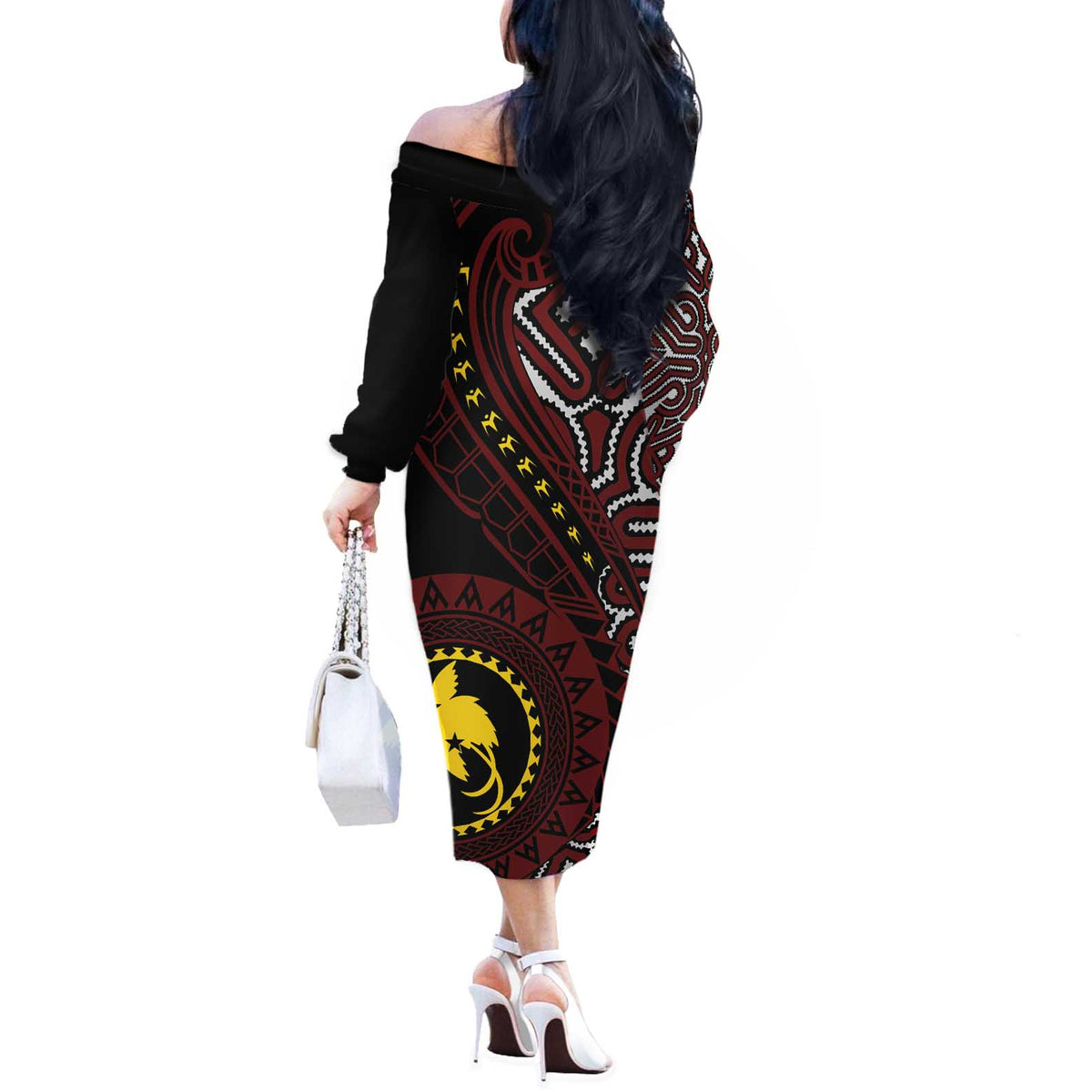 Papua New Guinea Oro Tapa Motif Off The Shoulder Long Sleeve Dress Special LT7 - Polynesian Pride
