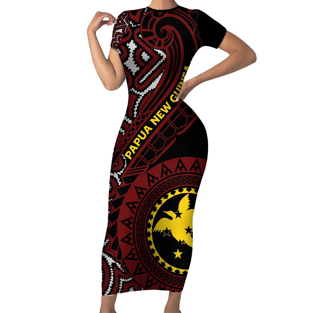 Papua New Guinea Oro Tapa Motif Short Sleeve Bodycon Dress Special LT7 Long Dress Black - Polynesian Pride