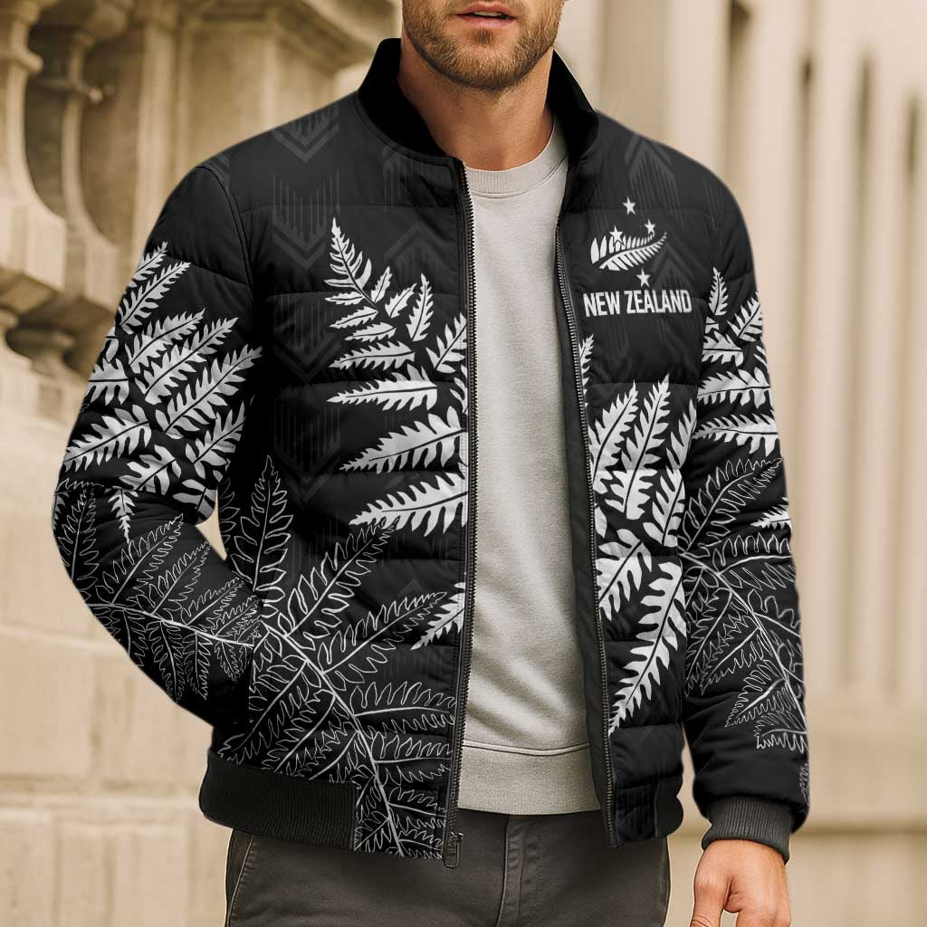 New Zealand Lawn Bowls Personalized Bomber Puffer Jacket Wrap-Around Silver Fern - Polynesian Pride