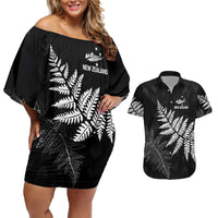 New Zealand Lawn Bowls Personalized Couples Matching Off Shoulder Short Dress and Hawaiian Shirt Wrap-Around Silver Fern - Polynesian Pride