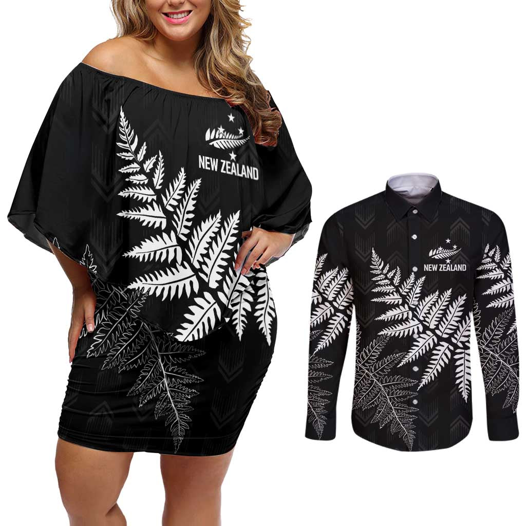 New Zealand Lawn Bowls Personalized Couples Matching Off Shoulder Short Dress and Long Sleeve Button Shirt Wrap-Around Silver Fern - Polynesian Pride