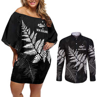 New Zealand Lawn Bowls Personalized Couples Matching Off Shoulder Short Dress and Long Sleeve Button Shirt Wrap-Around Silver Fern - Polynesian Pride