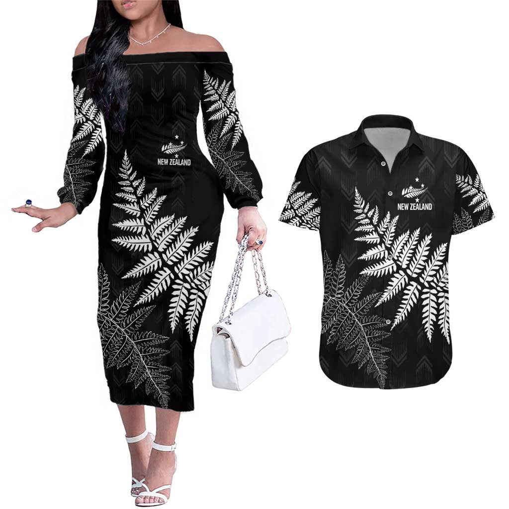 New Zealand Lawn Bowls Personalized Couples Matching Off The Shoulder Long Sleeve Dress and Hawaiian Shirt Wrap-Around Silver Fern - Polynesian Pride