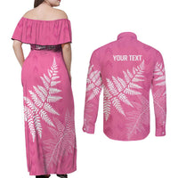 New Zealand Lawn Bowls Breast Cancer Personalized Couples Matching Off Shoulder Maxi Dress and Long Sleeve Button Shirt Wrap-Around Silver Fern - Polynesian Pride