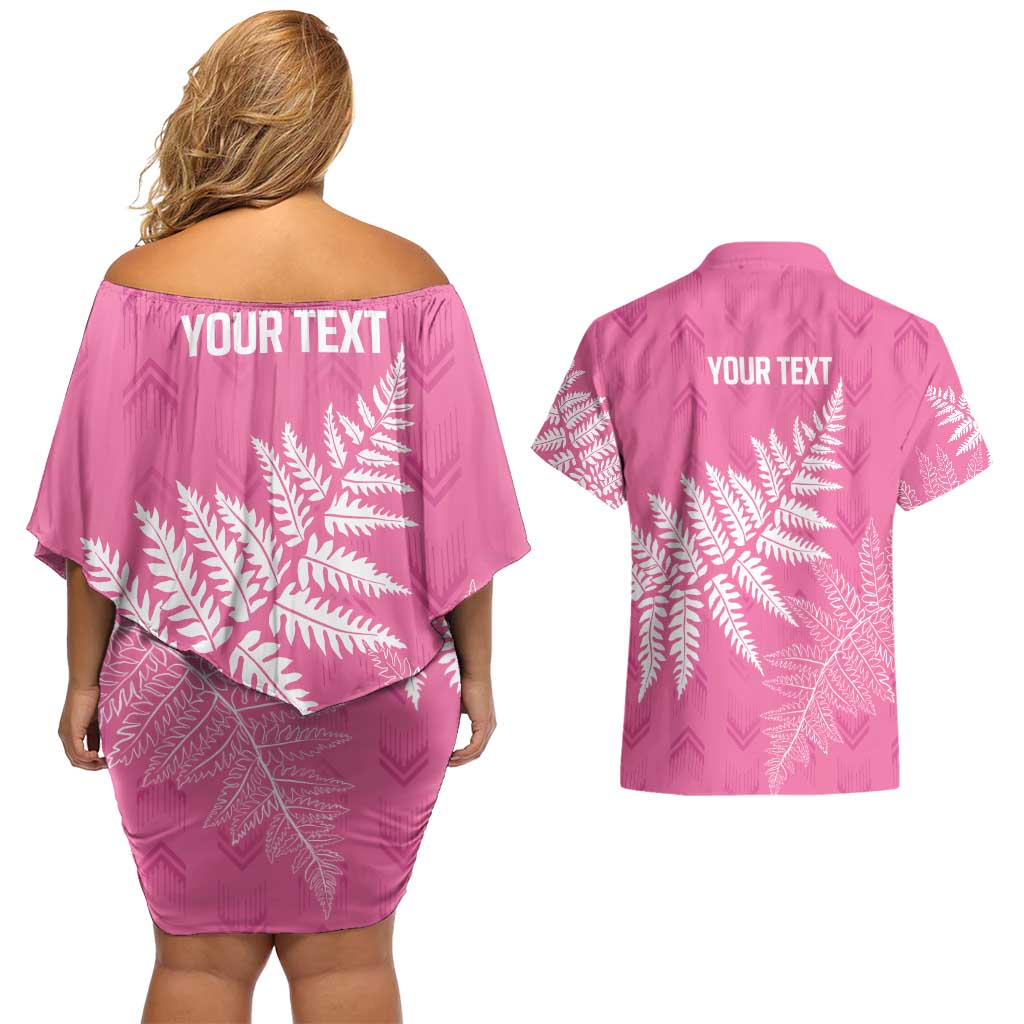 New Zealand Lawn Bowls Breast Cancer Personalized Couples Matching Off Shoulder Short Dress and Hawaiian Shirt Wrap-Around Silver Fern - Polynesian Pride