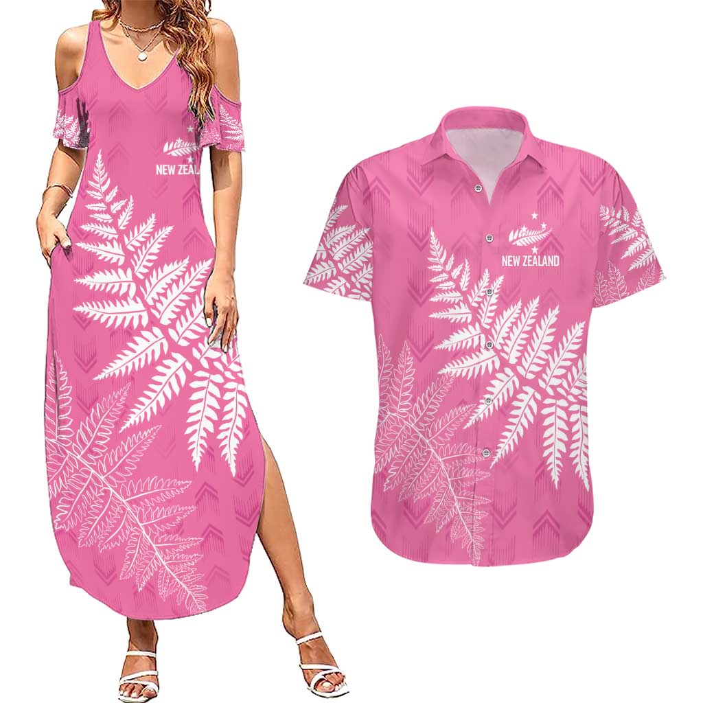 New Zealand Lawn Bowls Breast Cancer Personalized Couples Matching Summer Maxi Dress and Hawaiian Shirt Wrap-Around Silver Fern - Polynesian Pride