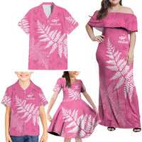 New Zealand Lawn Bowls Breast Cancer Personalized Family Matching Off Shoulder Maxi Dress and Hawaiian Shirt Wrap-Around Silver Fern - Polynesian Pride