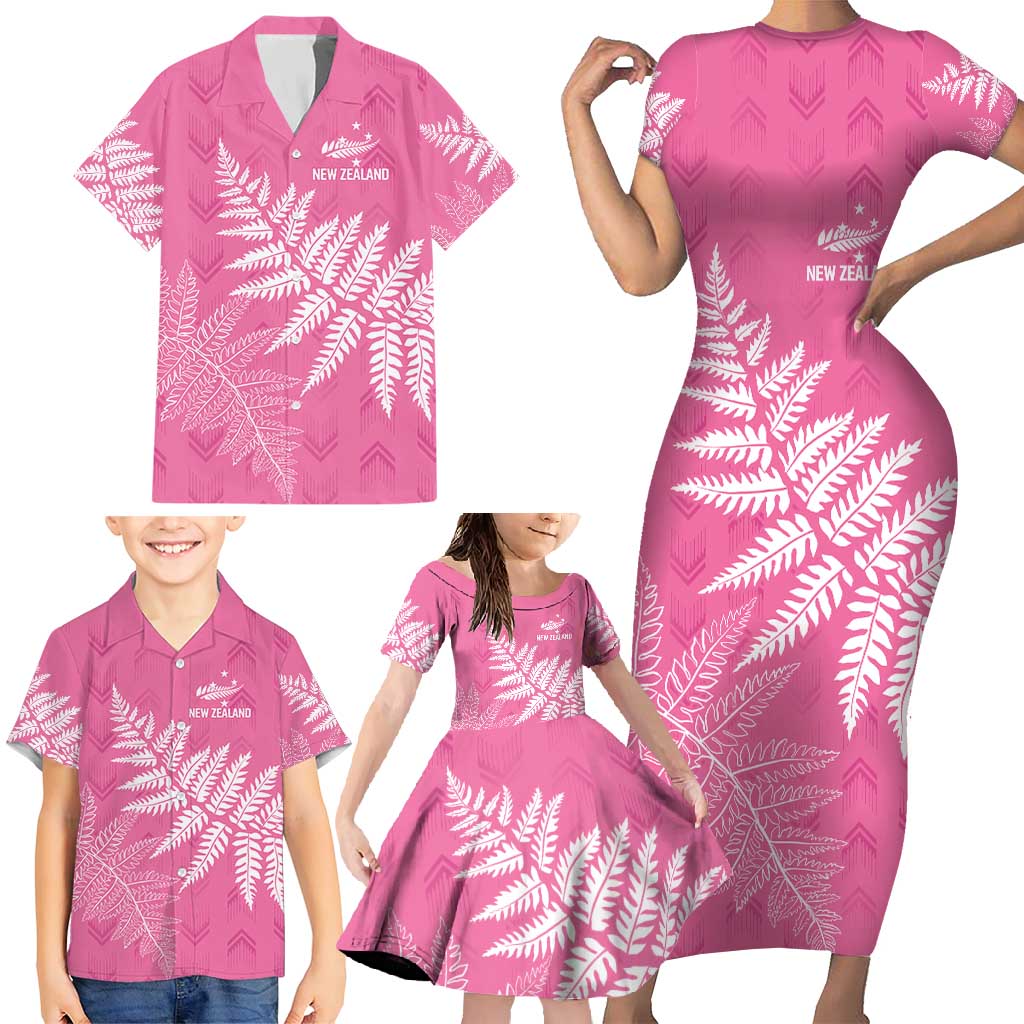 New Zealand Lawn Bowls Breast Cancer Personalized Family Matching Short Sleeve Bodycon Dress and Hawaiian Shirt Wrap-Around Silver Fern - Polynesian Pride