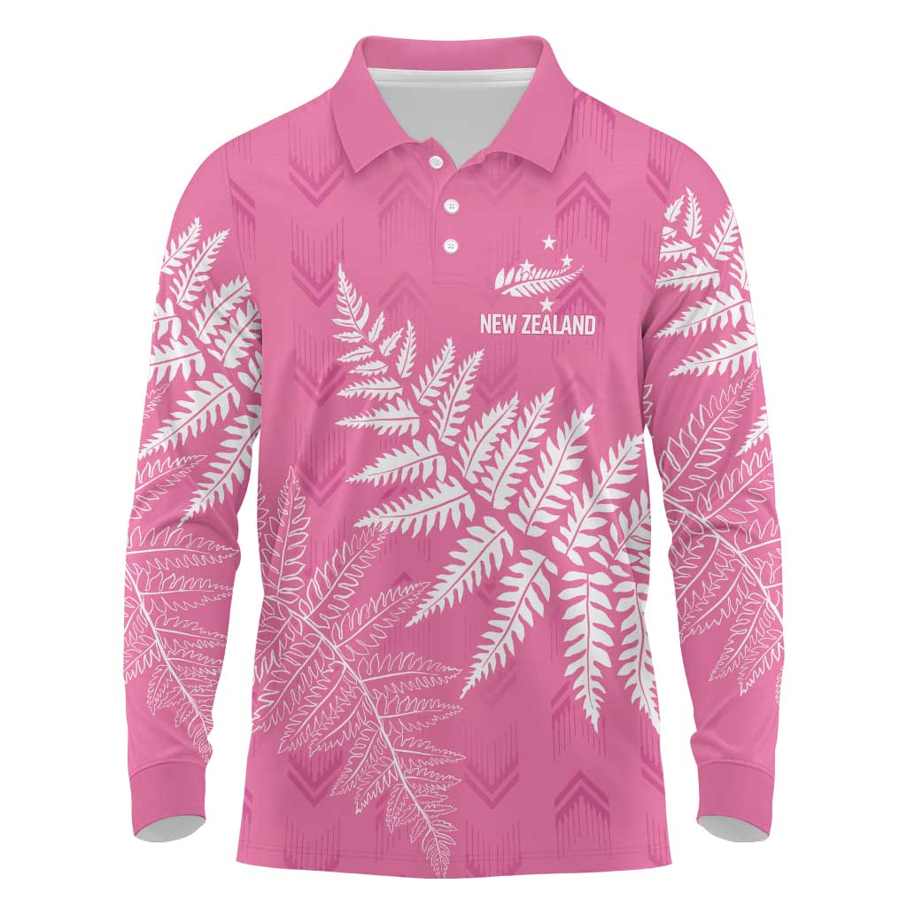 New Zealand Lawn Bowls Breast Cancer Personalized Long Sleeve Polo Shirt Wrap-Around Silver Fern - Polynesian Pride