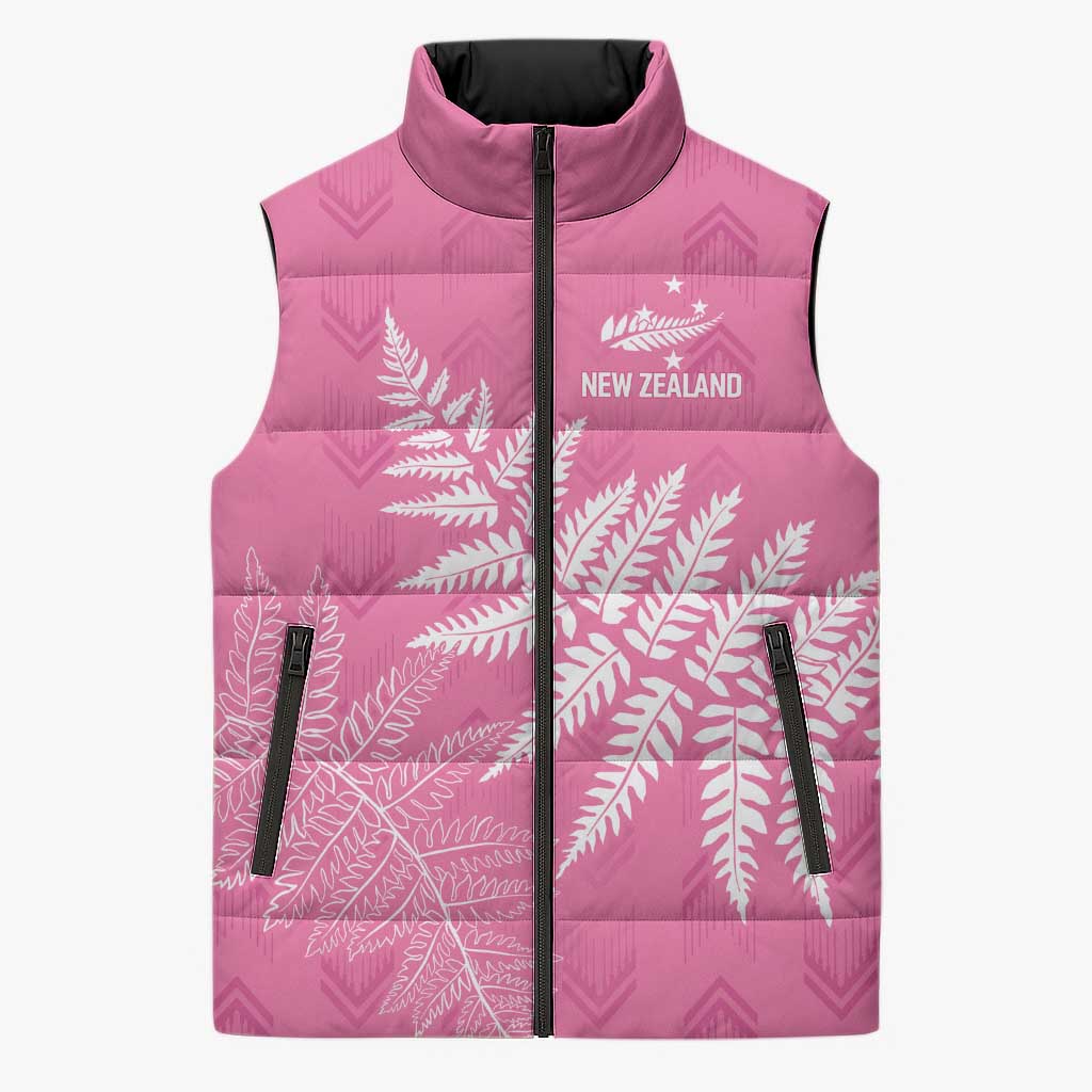 New Zealand Lawn Bowls Breast Cancer Personalized Sleeveless Puffer Jacket Wrap-Around Silver Fern - Polynesian Pride