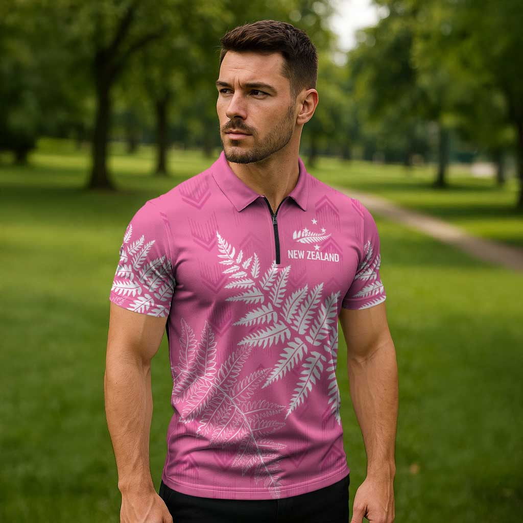 New Zealand Lawn Bowls Breast Cancer Personalized Zipper Polo Shirt Wrap-Around Silver Fern - Polynesian Pride