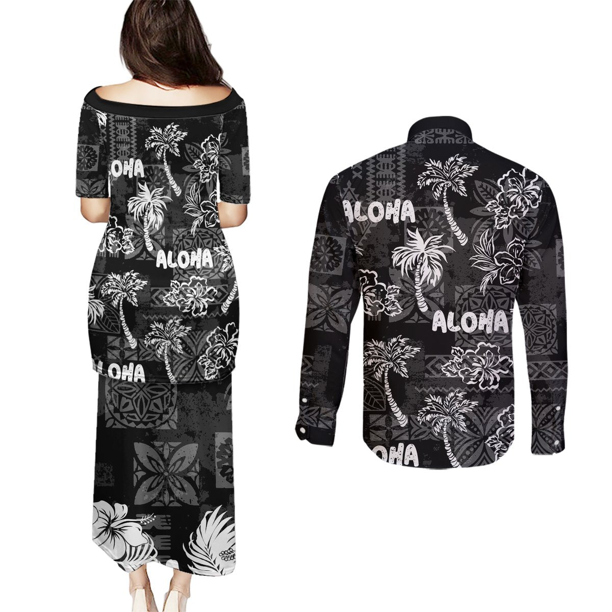 Aloha Vintage Quilt Couples Matching Puletasi Dress and Long Sleeve Button Shirt Hawaiian Seamless - Black LT7 - Polynesian Pride