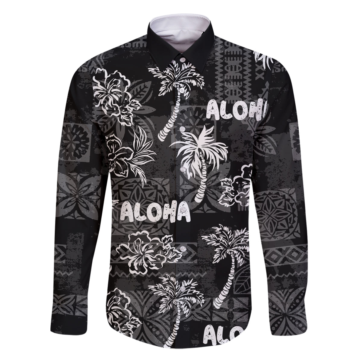 Aloha Vintage Quilt Family Matching Off Shoulder Long Sleeve Dress and Hawaiian Shirt Hawaiian Seamless - Black LT7 Dad's Shirt - Long Sleeve Black - Polynesian Pride
