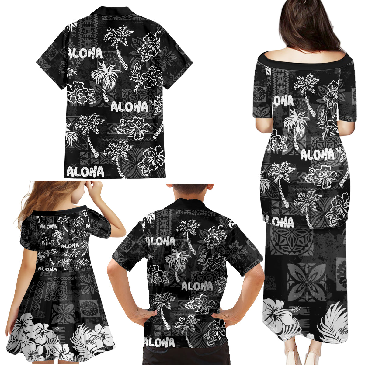 Aloha Vintage Quilt Family Matching Puletasi Dress and Hawaiian Shirt Hawaiian Seamless - Black LT7 - Polynesian Pride
