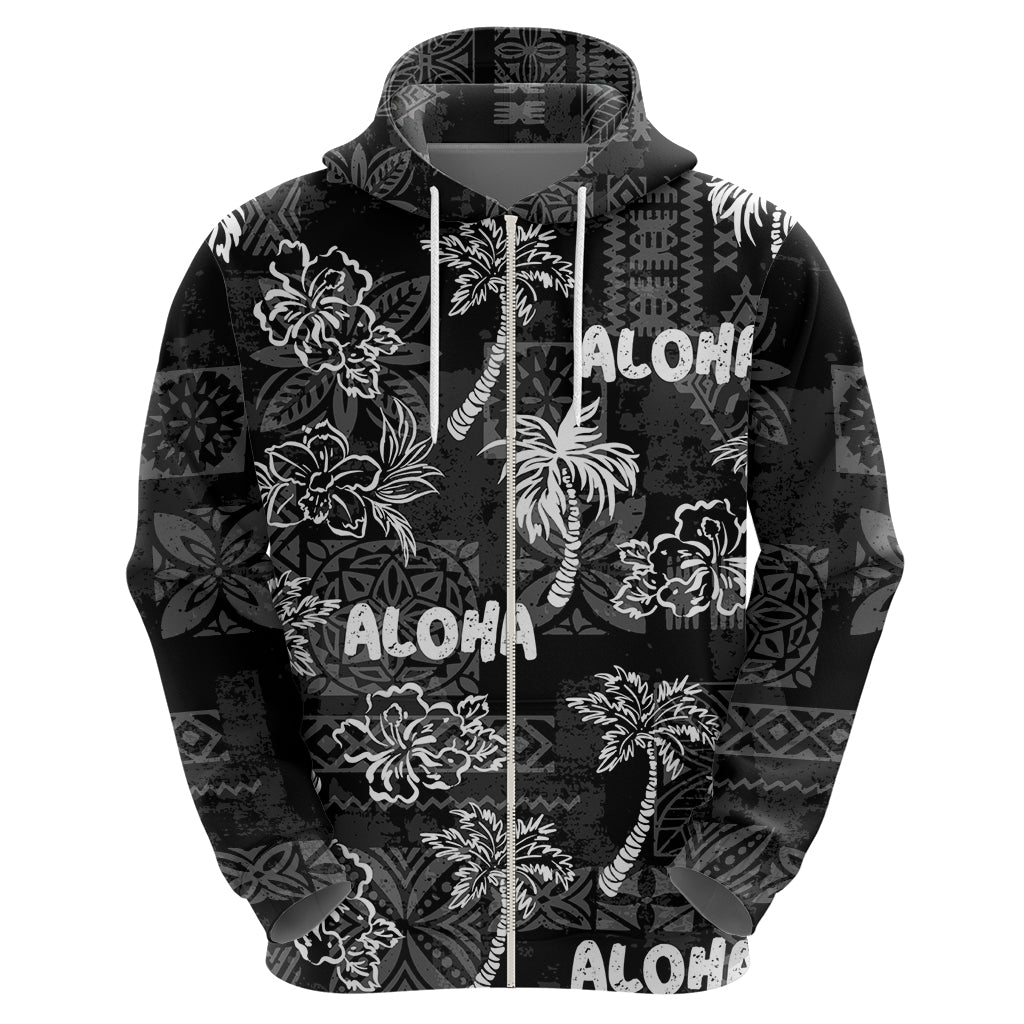 Aloha Vintage Quilt Zip Hoodie Hawaiian Seamless - Black LT7 - Polynesian Pride