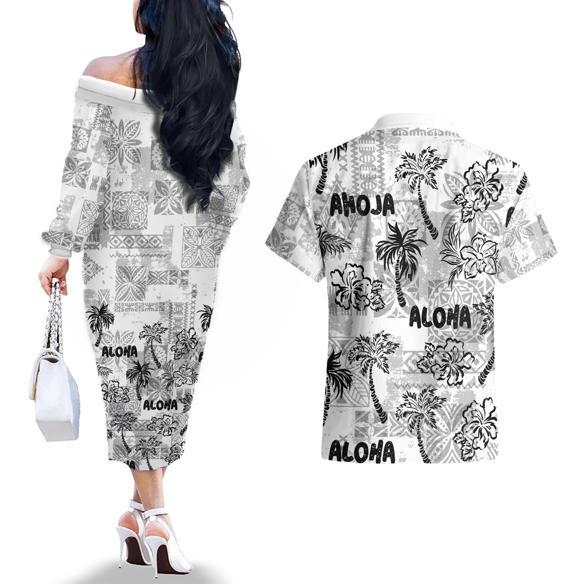 Aloha Vintage Quilt Couples Matching Off The Shoulder Long Sleeve Dress and Hawaiian Shirt Hawaiian Seamless - White LT7 - Polynesian Pride