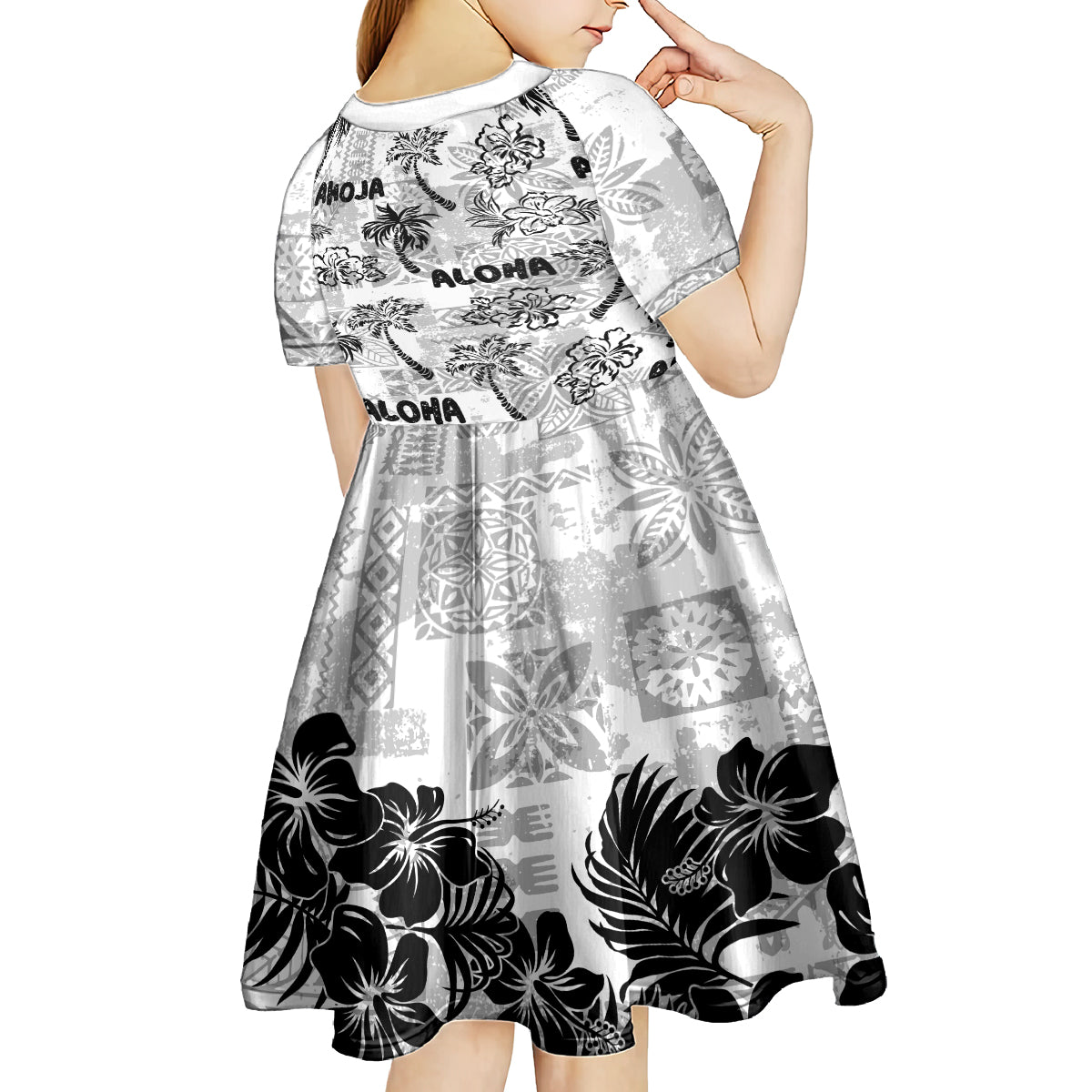 Aloha Vintage Quilt Kid Short Sleeve Dress Hawaiian Seamless - White LT7 - Polynesian Pride