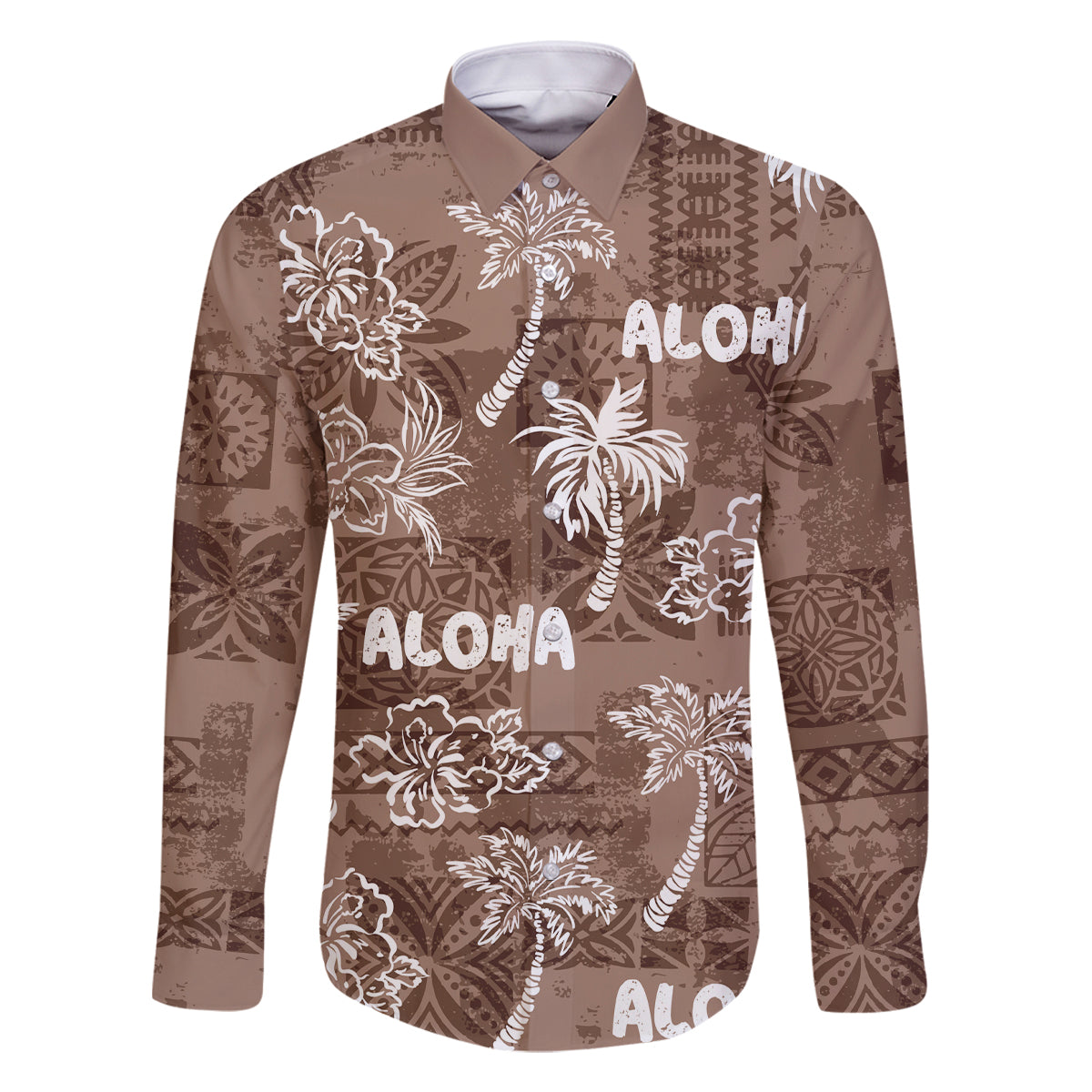 Aloha Vintage Quilt Family Matching Off Shoulder Short Dress and Hawaiian Shirt Hawaiian Seamless - Brown LT7 Dad's Shirt - Long Sleeve Brown - Polynesian Pride