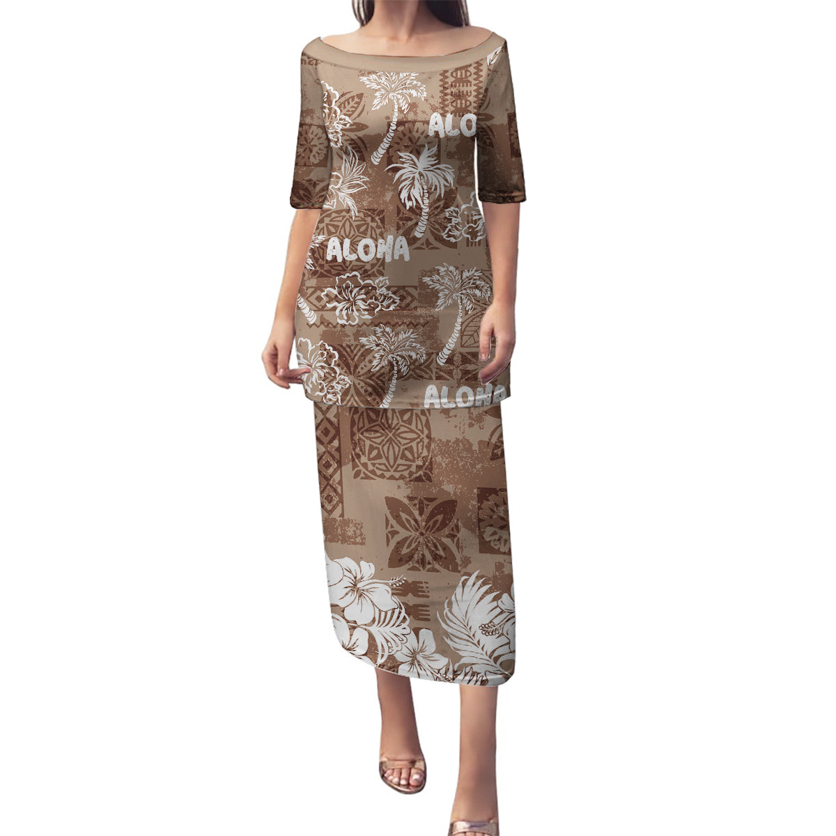 Aloha Vintage Quilt Family Matching Puletasi Dress and Hawaiian Shirt Hawaiian Seamless - Brown LT7 Mom's Dress Brown - Polynesian Pride