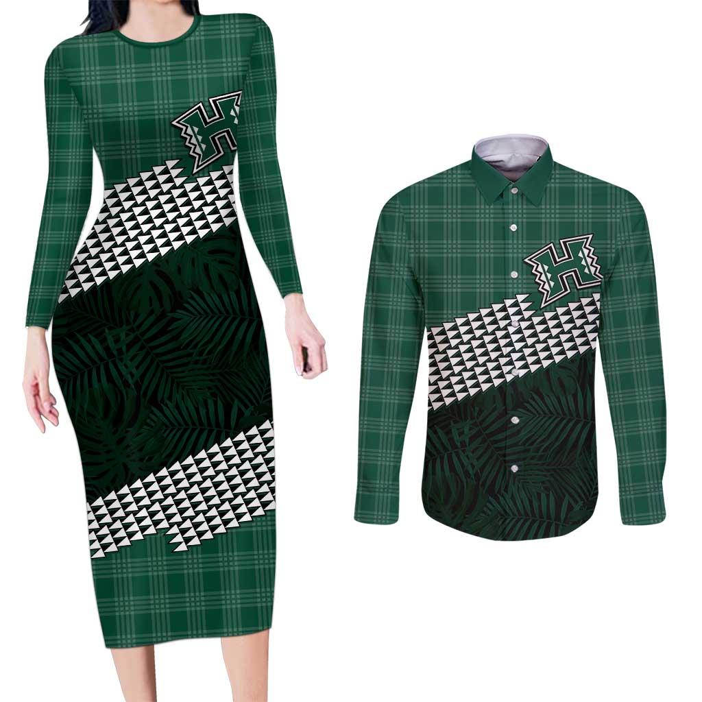 Rainbow Warriors Hawaii Personalized Palaka Couples Matching Long Sleeve Bodycon Dress and Long Sleeve Button Shirt - Polynesian Pride