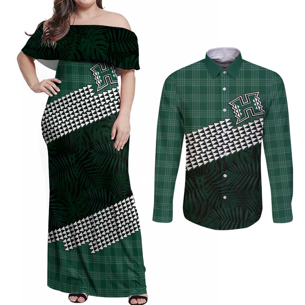 Rainbow Warriors Hawaii Personalized Palaka Couples Matching Off Shoulder Maxi Dress and Long Sleeve Button Shirt - Polynesian Pride