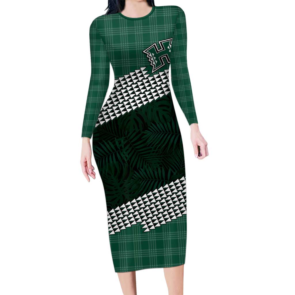Rainbow Warriors Hawaii Personalized Palaka Long Sleeve Bodycon Dress LT7 Long Dress Green - Polynesian Pride