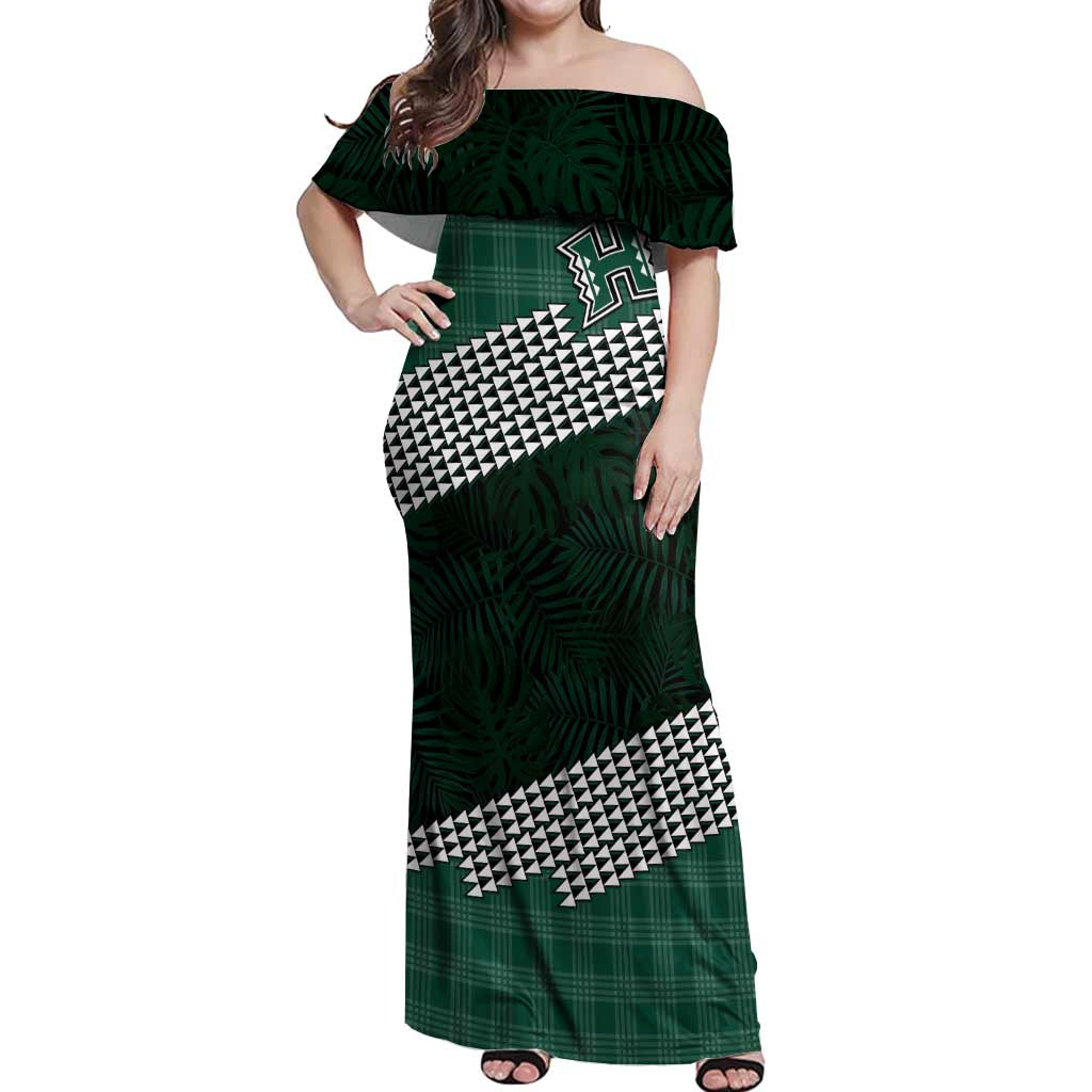 Rainbow Warriors Hawaii Personalized Palaka Off Shoulder Maxi Dress LT7 Women Green - Polynesian Pride