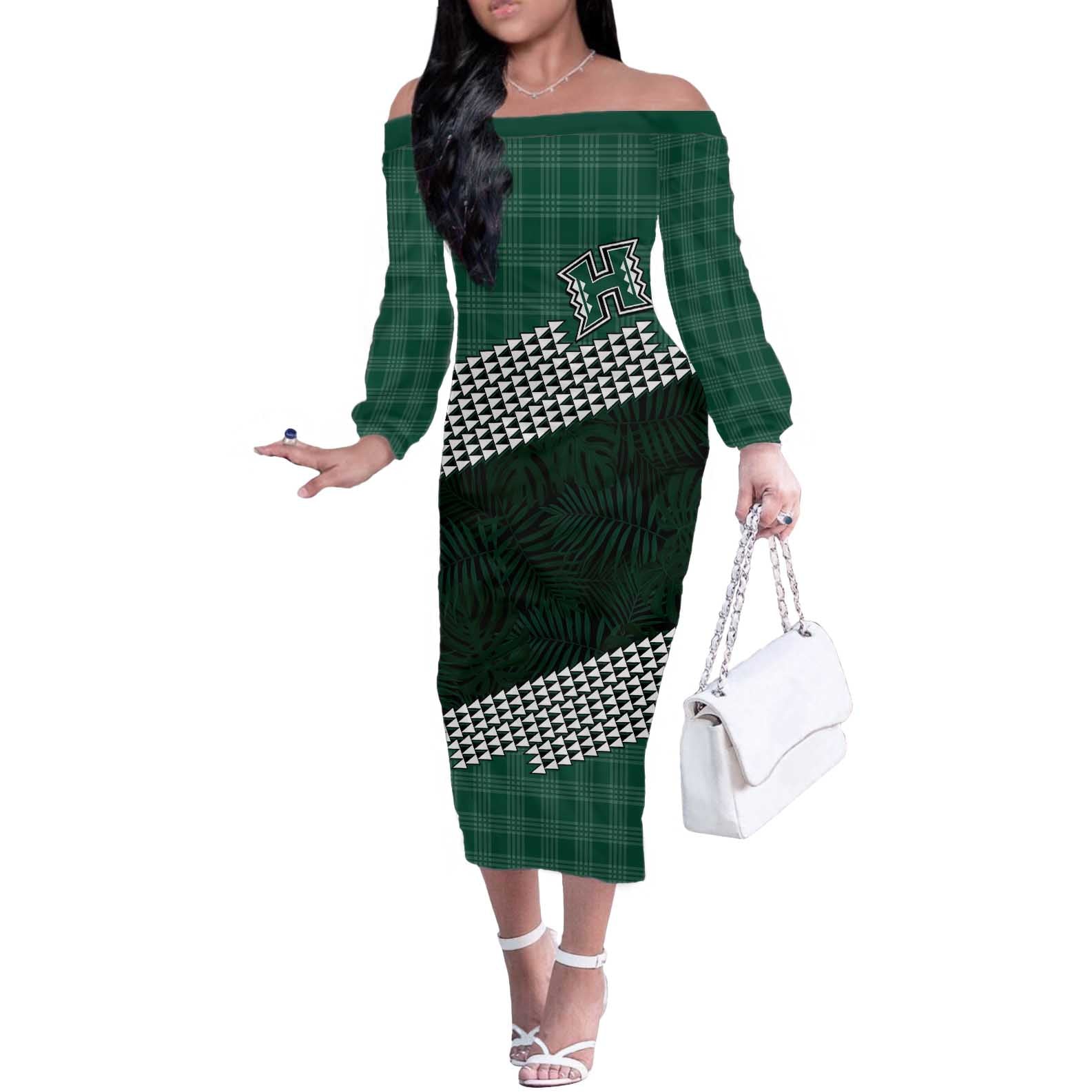 Rainbow Warriors Hawaii Personalized Palaka Off The Shoulder Long Sleeve Dress LT7 Women Green - Polynesian Pride