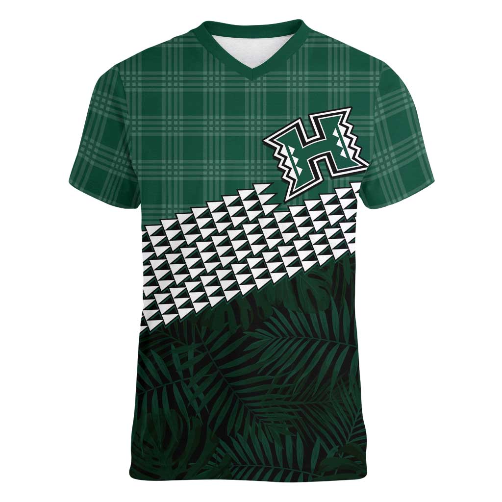 Rainbow Warriors Hawaii Personalized Palaka Women V-Neck T-Shirt - Polynesian Pride