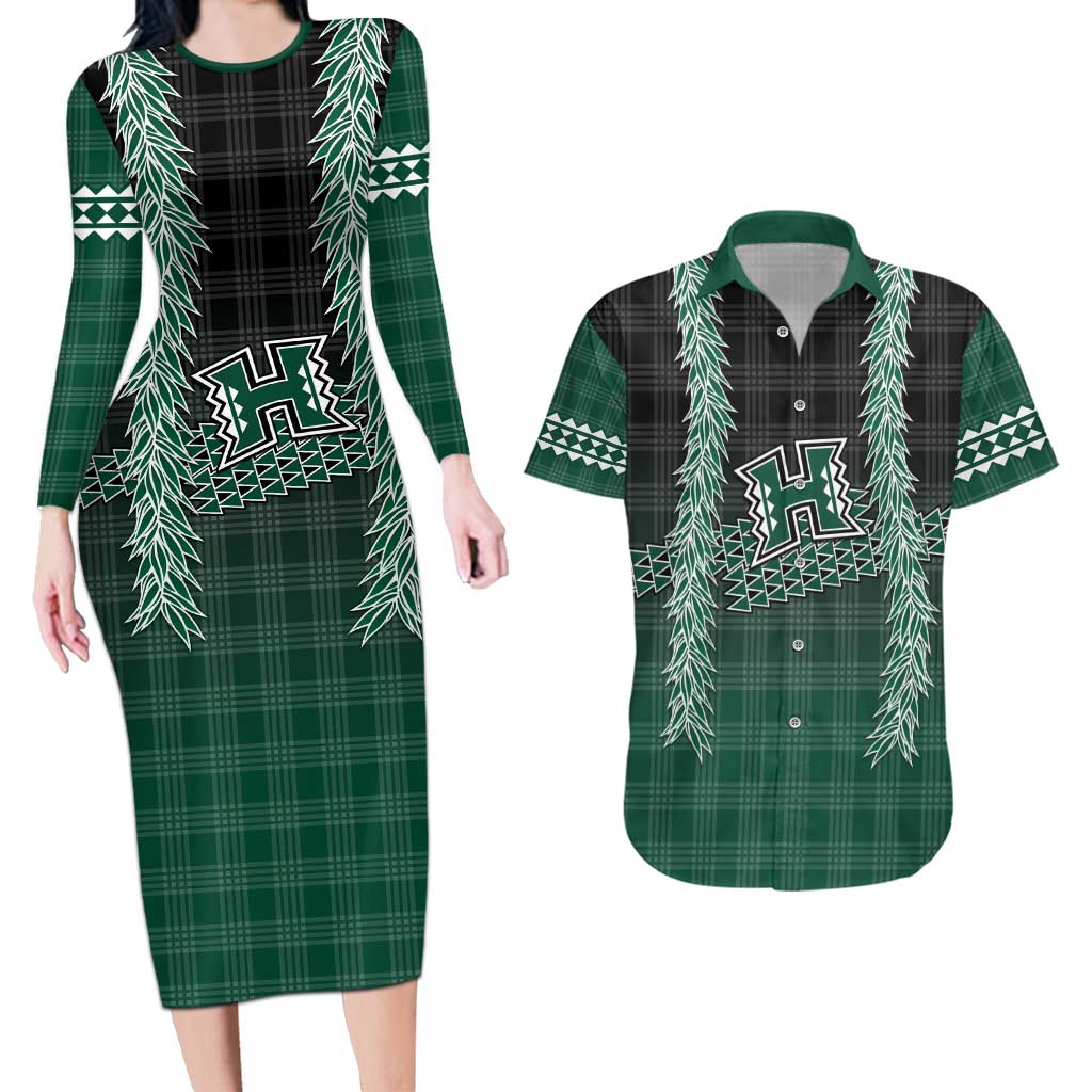 Rainbow Warriors Hawaii Palaka Couples Matching Long Sleeve Bodycon Dress and Hawaiian Shirt Maile Lei - Polynesian Pride