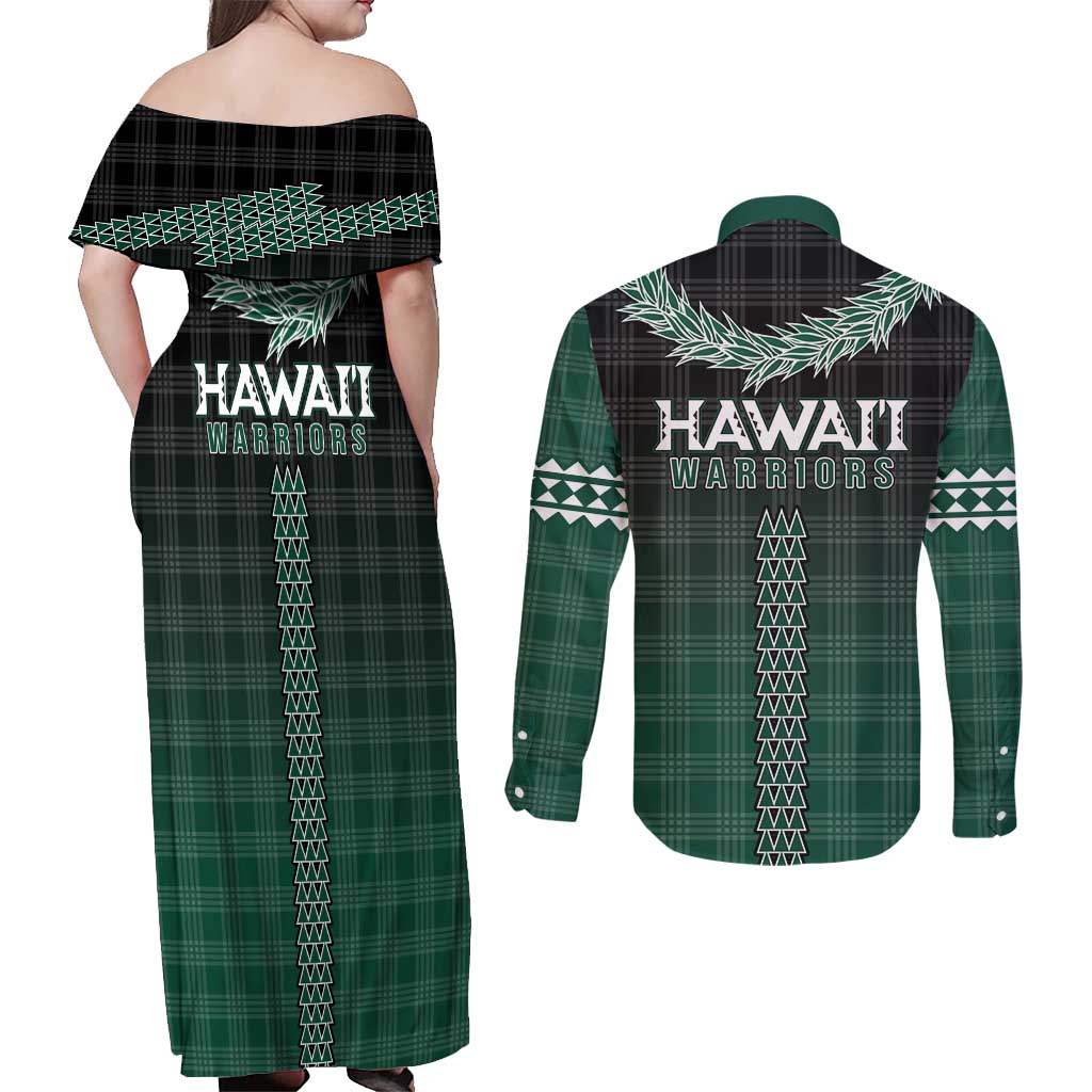 Rainbow Warriors Hawaii Palaka Couples Matching Off Shoulder Maxi Dress and Long Sleeve Button Shirt Maile Lei - Polynesian Pride