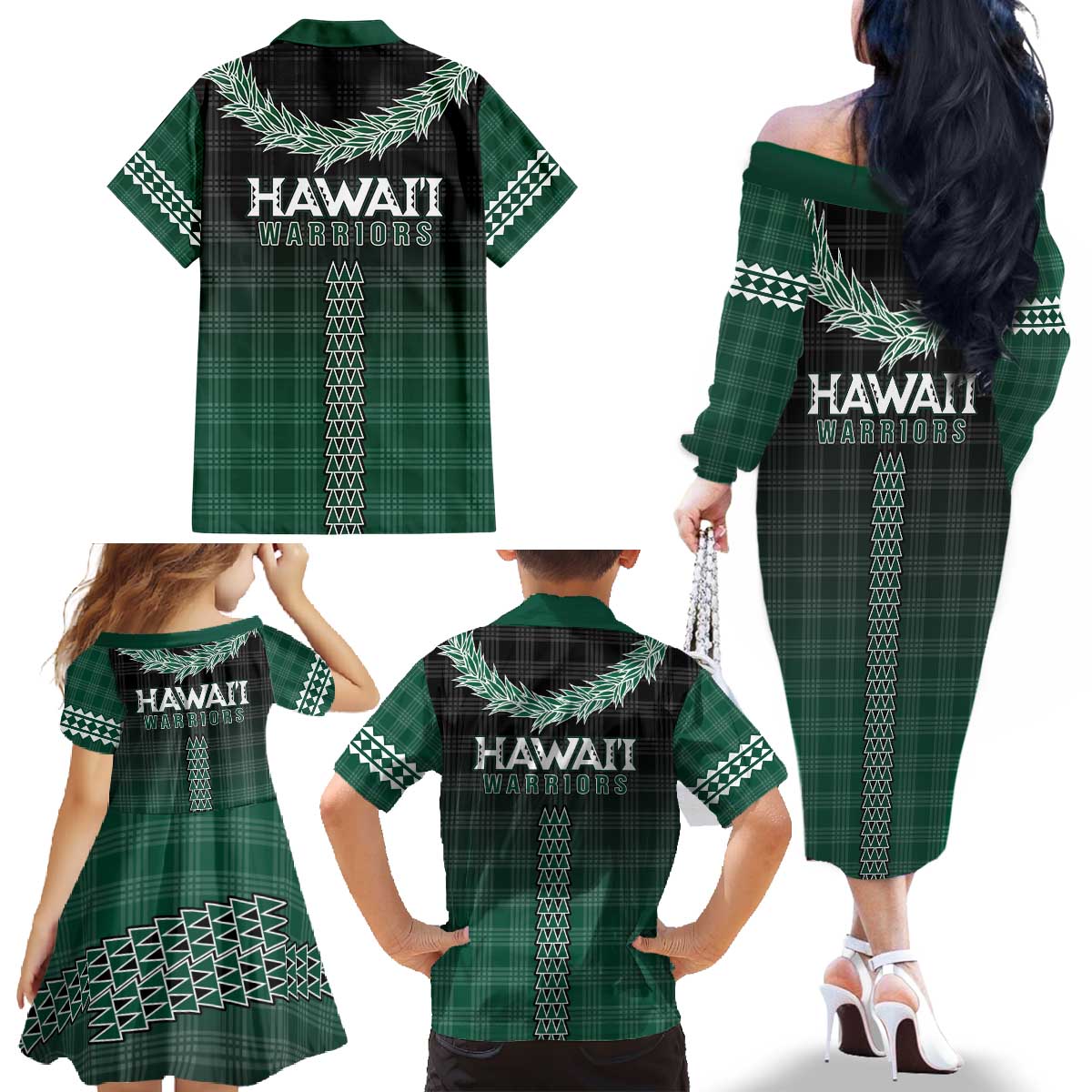 Rainbow Warriors Hawaii Palaka Family Matching Off The Shoulder Long Sleeve Dress and Hawaiian Shirt Maile Lei - Polynesian Pride