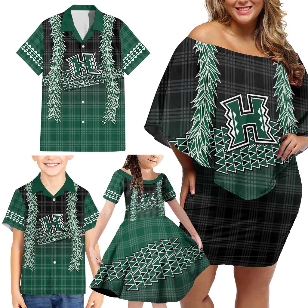 Rainbow Warriors Hawaii Palaka Family Matching Off Shoulder Short Dress and Hawaiian Shirt Maile Lei - Polynesian Pride