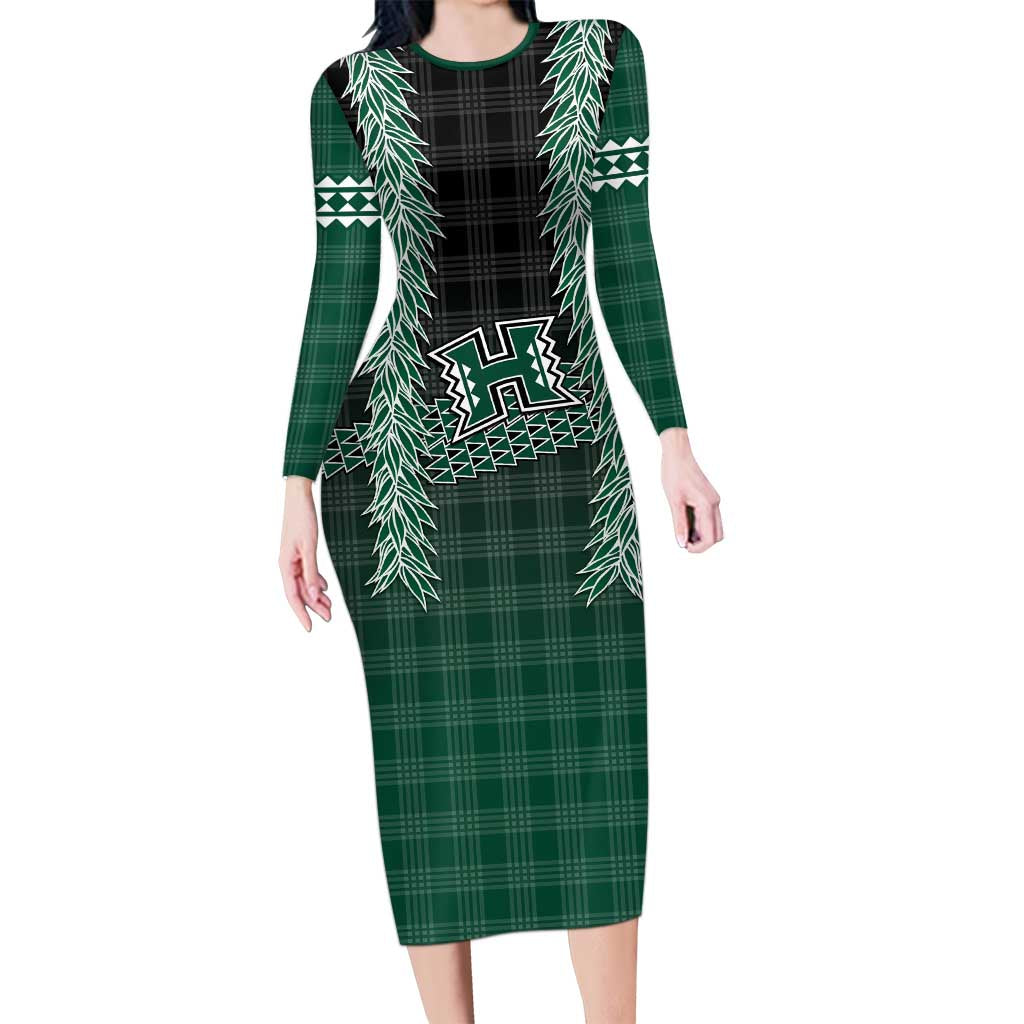 Rainbow Warriors Hawaii Palaka Long Sleeve Bodycon Dress Maile Lei LT7 Long Dress Dark Green - Polynesian Pride