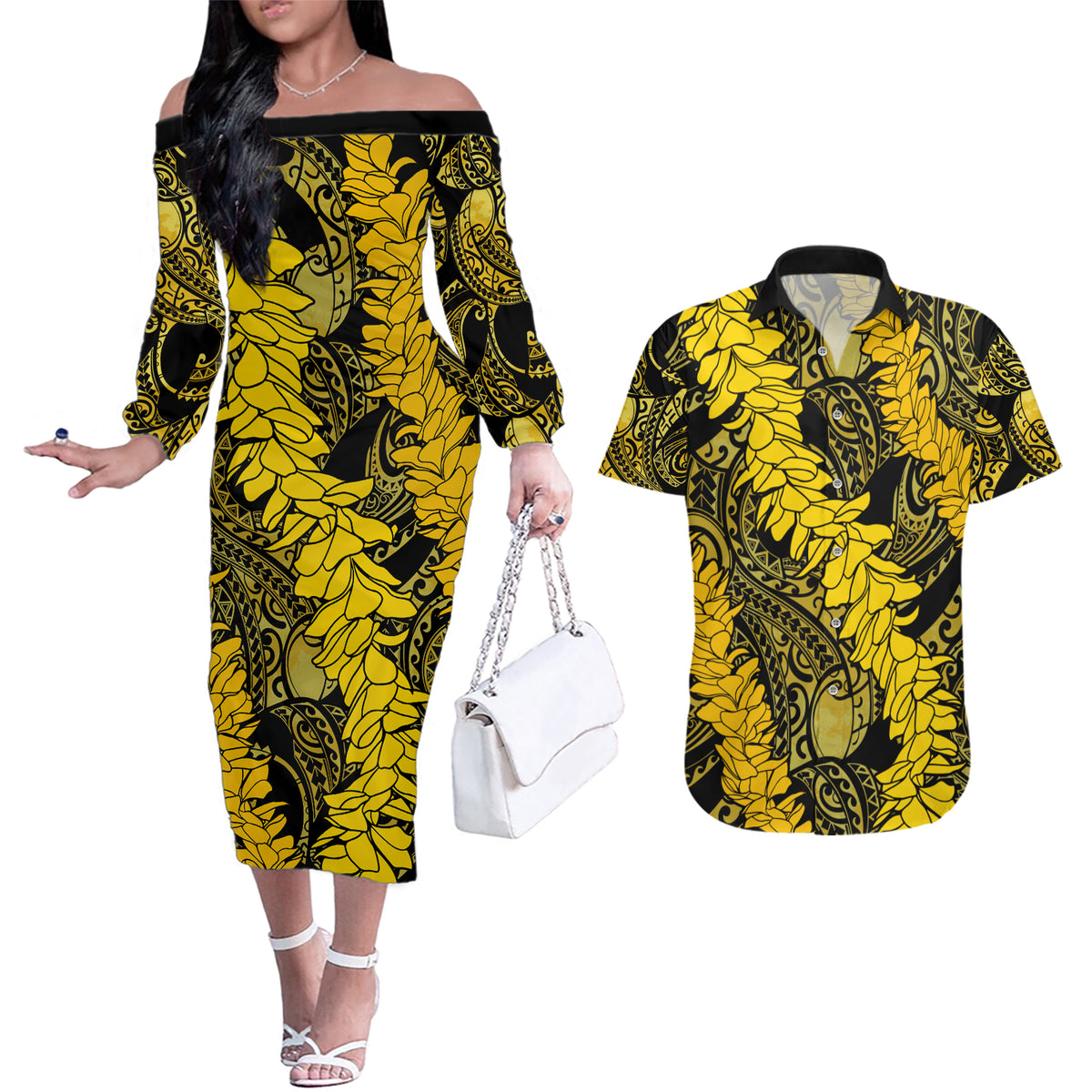 Hawaii Oahu Ilima Lei Couples Matching Off The Shoulder Long Sleeve Dress and Hawaiian Shirt LT7 Yellow - Polynesian Pride
