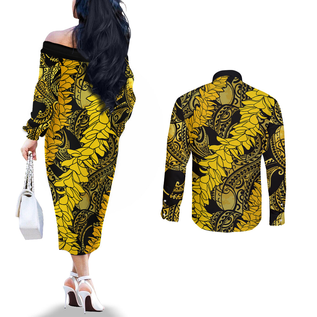 Hawaii Oahu Ilima Lei Couples Matching Off The Shoulder Long Sleeve Dress and Long Sleeve Button Shirt LT7 - Polynesian Pride
