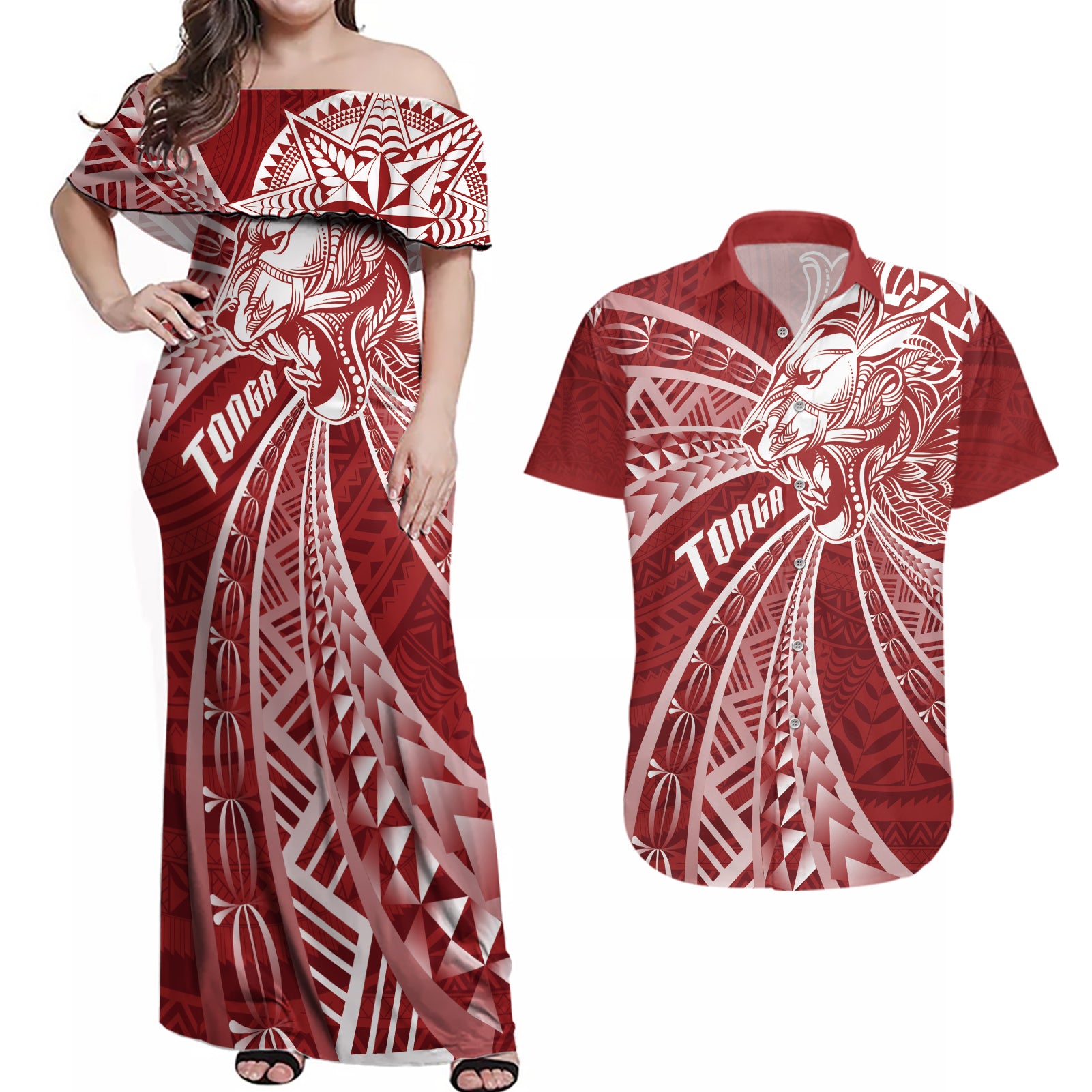 Tonga Independence Day Couples Matching Off Shoulder Maxi Dress and Hawaiian Shirt Tongatapu Lion Ngatu Motifs