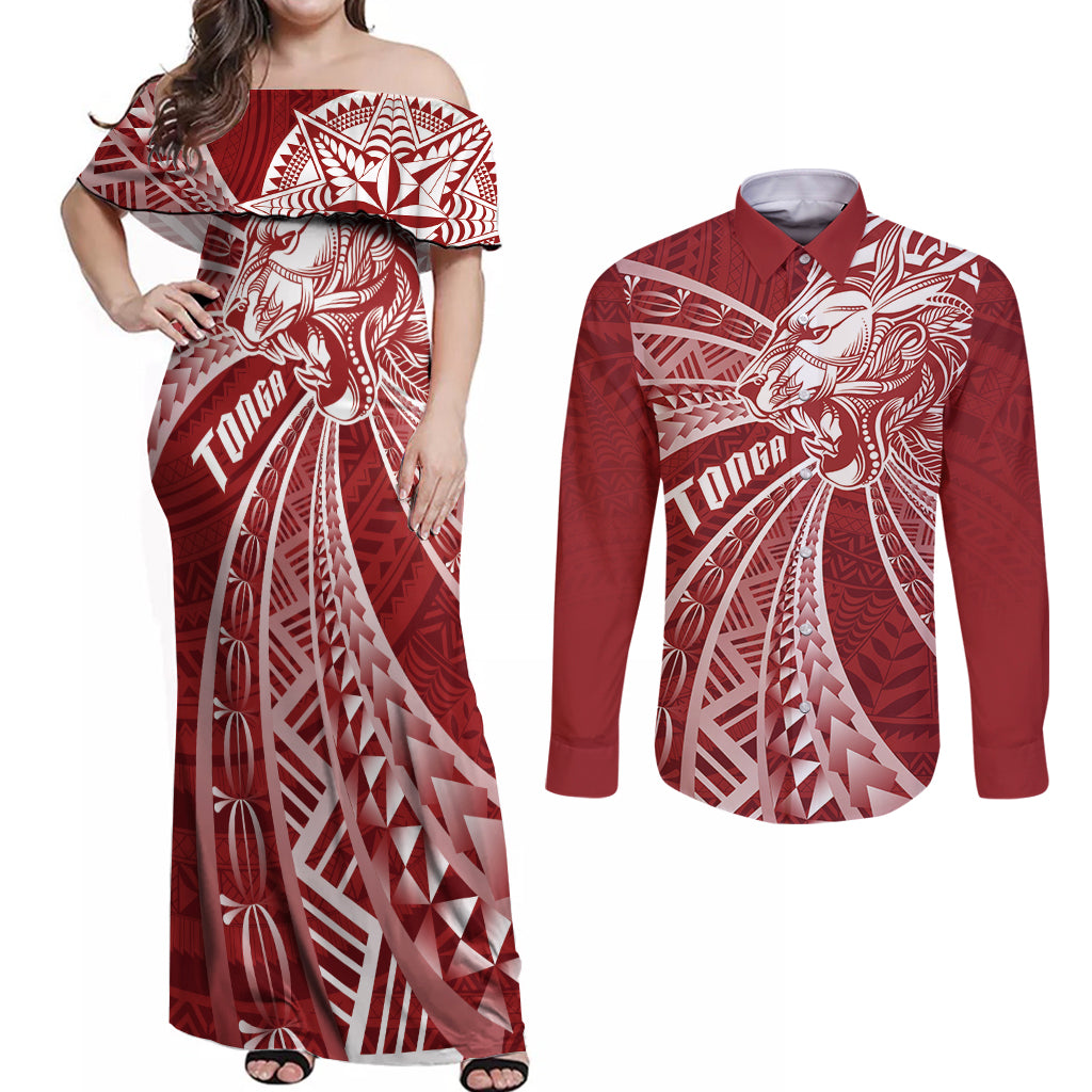 Tonga Independence Day Couples Matching Off Shoulder Maxi Dress and Long Sleeve Button Shirt Tongatapu Lion Ngatu Motifs