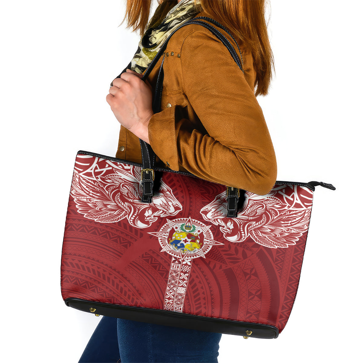 Tonga Independence Day Leather Tote Bag Tongatapu Lion Ngatu Motifs