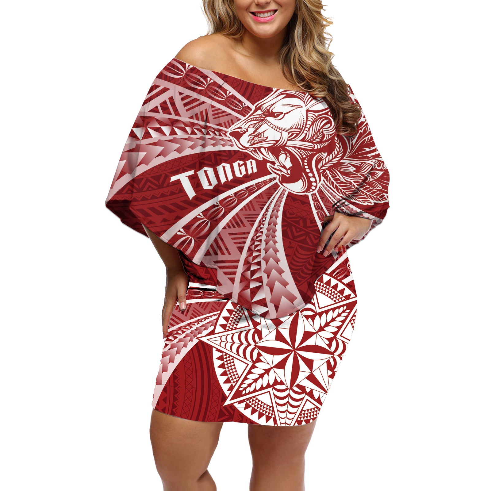 Tonga Independence Day Off Shoulder Short Dress Tongatapu Lion Ngatu Motifs