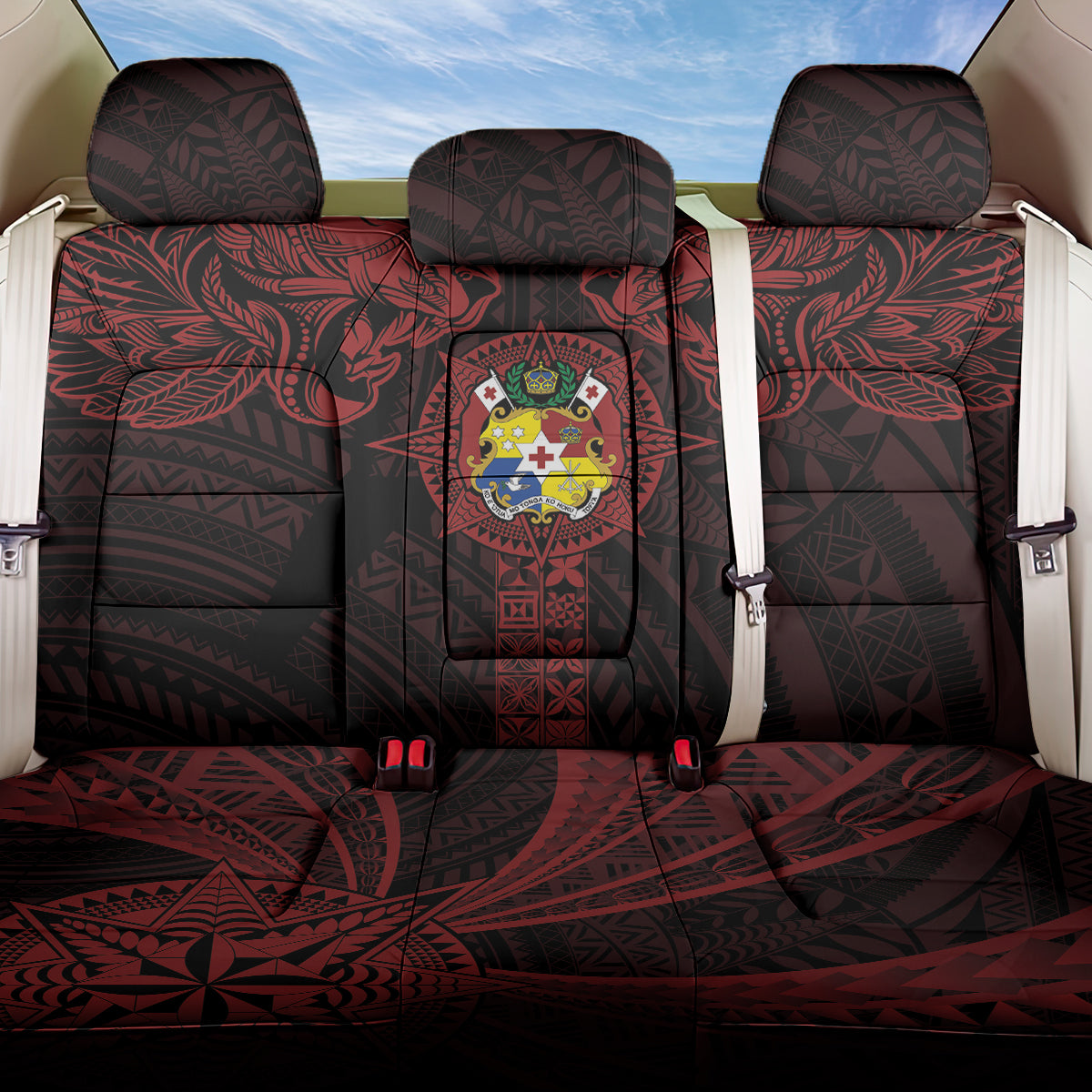 Tonga Independence Day Back Car Seat Cover Tongatapu Lion Ngatu Motifs Black Ver.