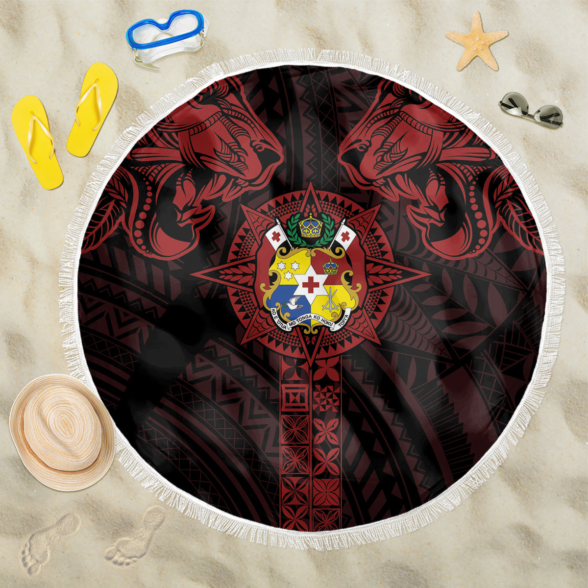 Tonga Independence Day Beach Blanket Tongatapu Lion Ngatu Motifs Black Ver.