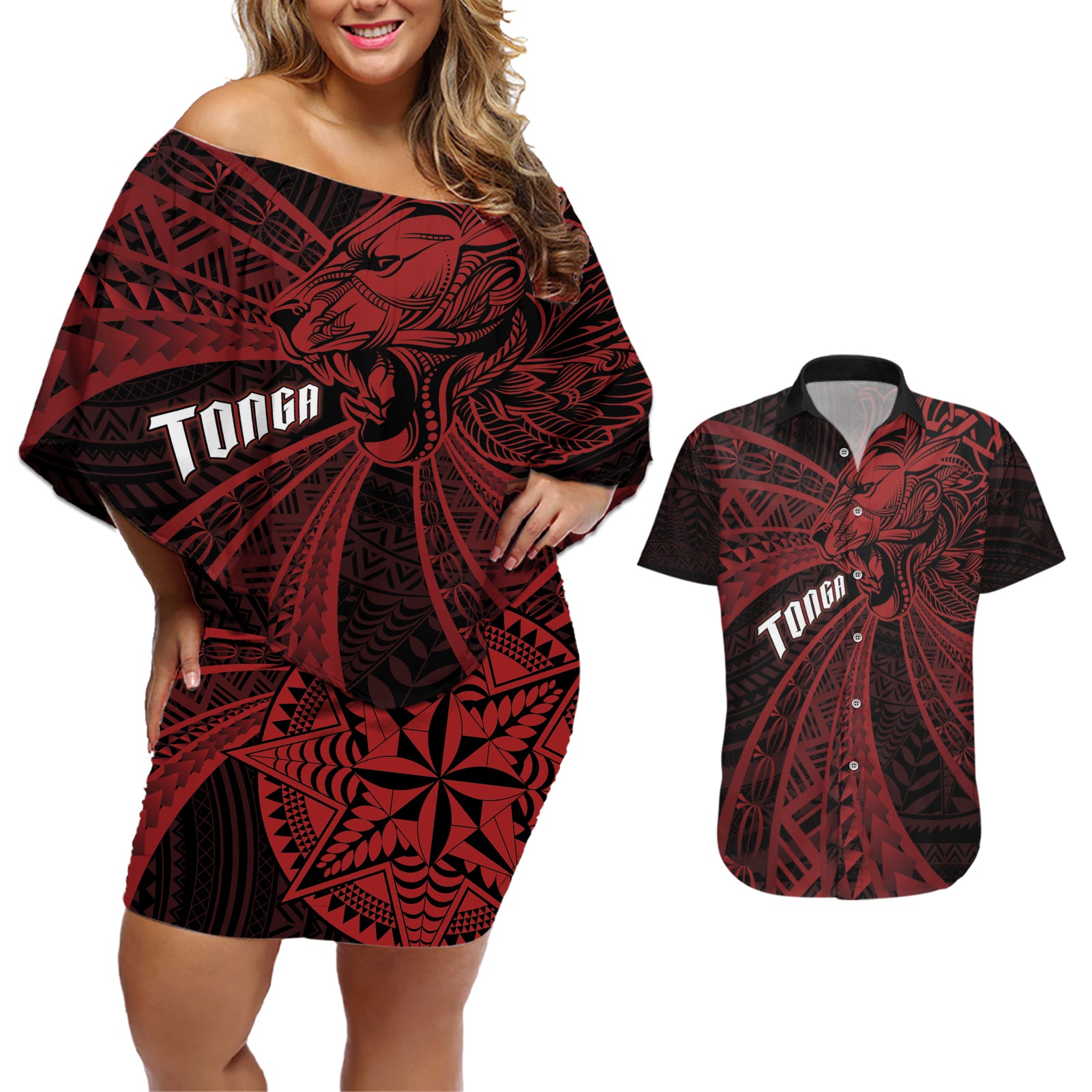 Tonga Independence Day Couples Matching Off Shoulder Short Dress and Hawaiian Shirt Tongatapu Lion Ngatu Motifs Black Ver.