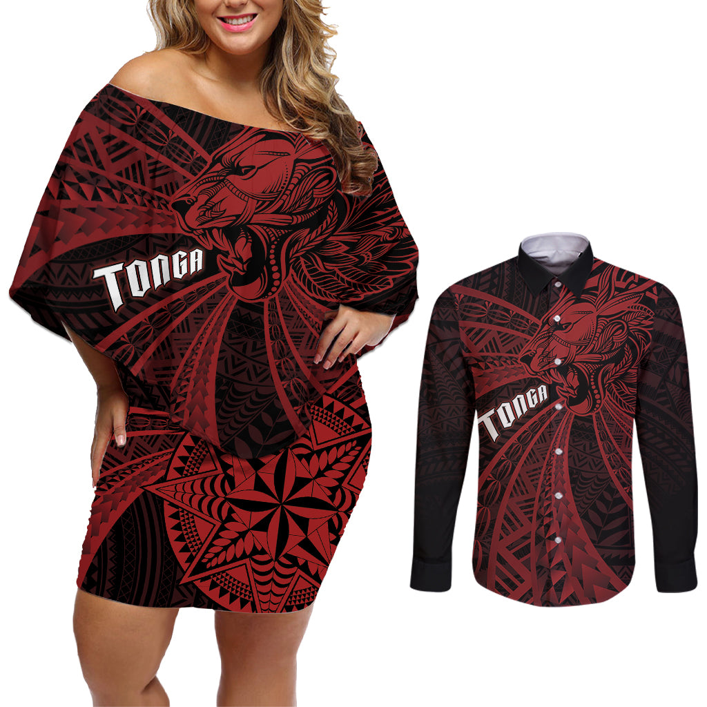 Tonga Independence Day Couples Matching Off Shoulder Short Dress and Long Sleeve Button Shirt Tongatapu Lion Ngatu Motifs Black Ver.