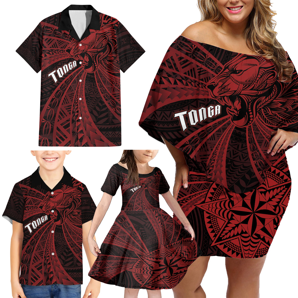 Tonga Independence Day Family Matching Off Shoulder Short Dress and Hawaiian Shirt Tongatapu Lion Ngatu Motifs Black Ver.