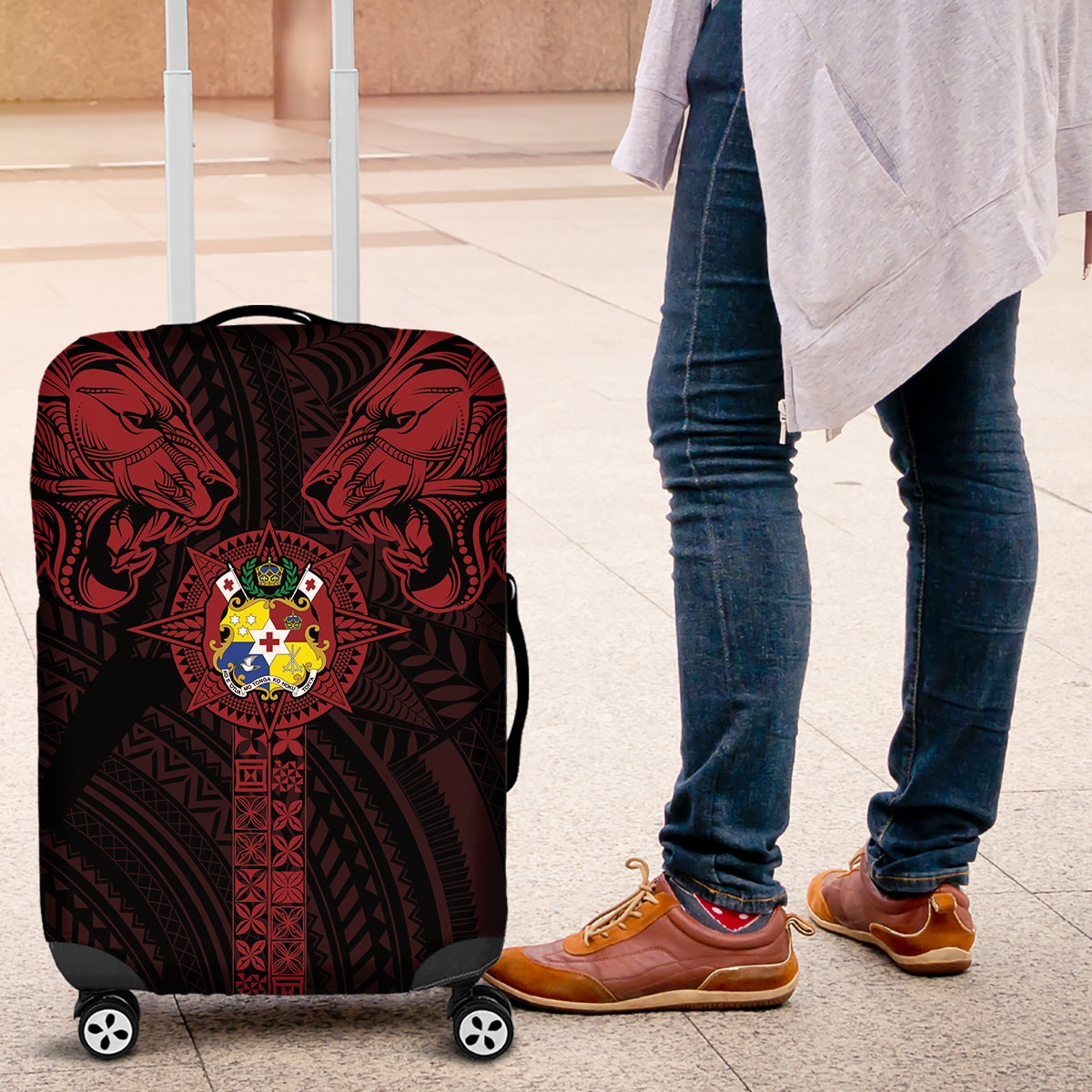 Tonga Independence Day Luggage Cover Tongatapu Lion Ngatu Motifs Black Ver.